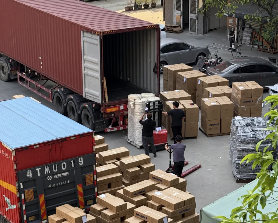 Cartons are arranged beside an open container while workers move palletised goods with handling equipment.