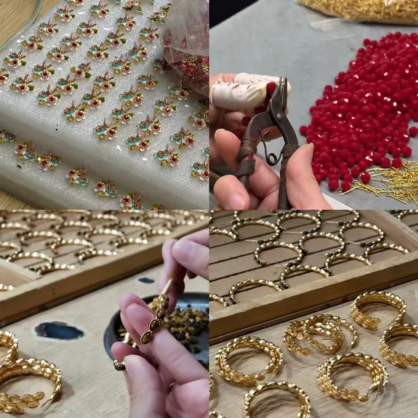 A collage shows bead connections, hand-tool work and rows of accessories in close detail.