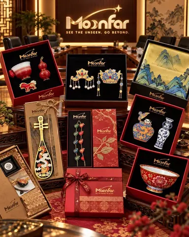 Boxed decorative gifts feature crown, vessel, pipa and floral forms in a varied collection.