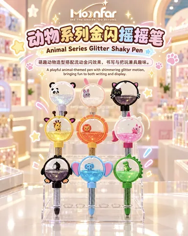 Round pen toppers feature pandas, rabbits, lions and other animals, paired with colourful barrels and glitter details.