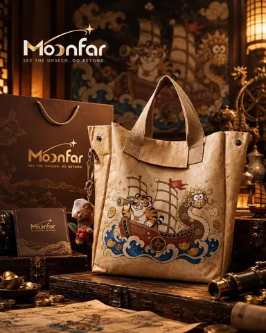 A tote bag features a sailing boat, tiger, dragon and waves, with a small charm at the side.