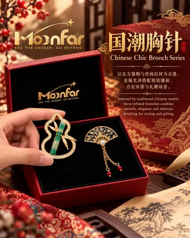 A gourd-outline brooch with bamboo details and a fan-shaped brooch are presented together in a red gift box.