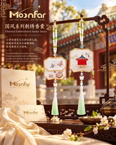 Square hanging sachets display architecture, butterflies and traditional motifs, with beads, cords and pale green tassels.