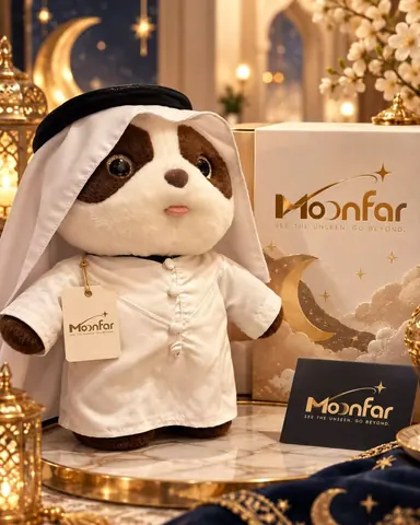 A brown-and-white cat plush wears a white robe and head covering, alongside moon-and-star packaging.