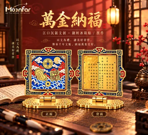 A square reversible display uses red, blue and gold tones, with a patterned front and a text-covered reverse.