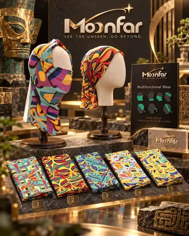 Colourful patterned headwear is shown folded and worn, including arrangements around the head and face.