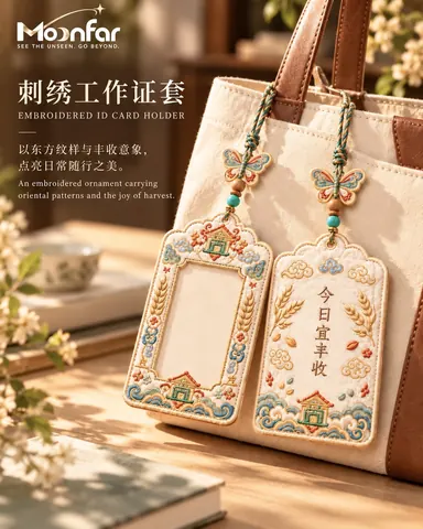 The front and back of an ID holder combine architecture, grain and cloud motifs, with butterfly details and a two-tone cord.