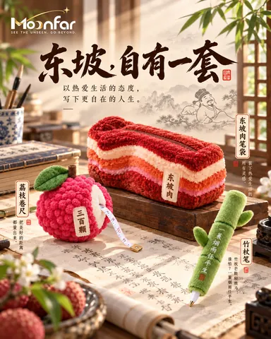 The set presents a Dongpo-pork-shaped pencil case, a lychee-shaped tape measure and a bamboo-shaped pen with plush exteriors.