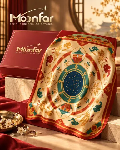 A square scarf combines a celestial centre with architecture, grain, flowers and clouds, framed by a red border and gift box.
