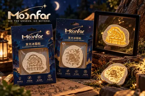 Tiger and panda magnets with irregular outlines are shown in packaging and in illuminated presentations.