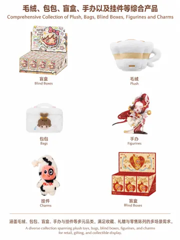 An assortment overview shows cup-shaped plush, bags, character figures, charms and boxed toys.