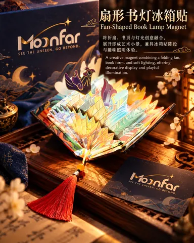 Opened pages form a fan-shaped outline with layered graphics, bird-shaped details and a red tassel.