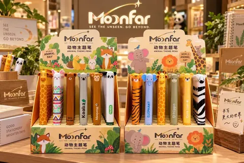 Animal-shaped pens featuring pandas, giraffes, tigers and zebras are arranged in matching display boxes.