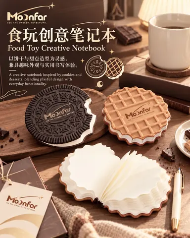 Dark sandwich-biscuit and light waffle-style covers surround shaped pages, shown closed and open.