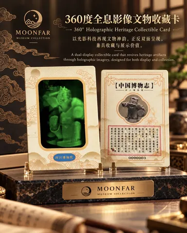 Collectible cards display a heritage figure image and an illustrated information side, each supported by a clear stand.